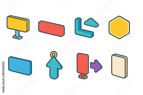 Navigation pointers 3d icon set. Direction, location, guide symbols in 3d style.