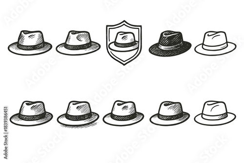 Hat sketch icon set. Vintage, fashion, headwear, fedora, cap, outline hand-drawn collection
