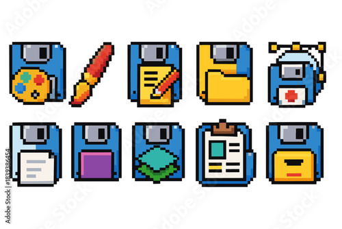 Computer, technology pixel icon set. Retro floppy disk and digital tools icon collection