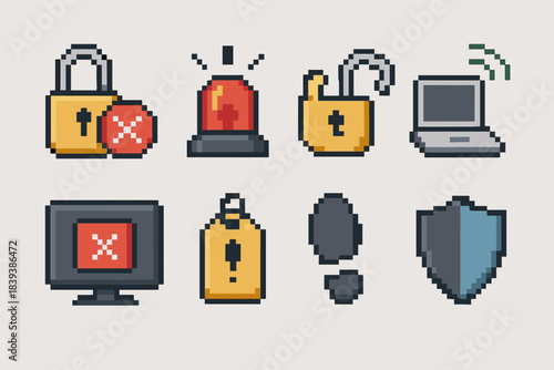 Security Alert Icons. Security incident icons set of icons in flat pixel vector style: unauthorized access mark, alert siren, tampered lock, unknown device ping, block screen panel