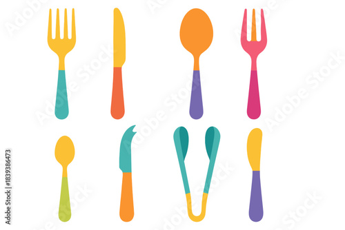 Minimalistic Cutlery Icons. Classic Cutlery Collection flat set: entrée fork, entrée knife, soup spoon, pastry fork, demitasse spoon, cheese knife, serving tongs, specialty