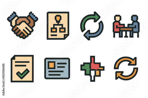 Collaborative Icon Set. Joint effort elements set of icons in flat pixel vector style: group handshake, collaboration plan, cooperative arrows, shared workspace icon, outcome sheet