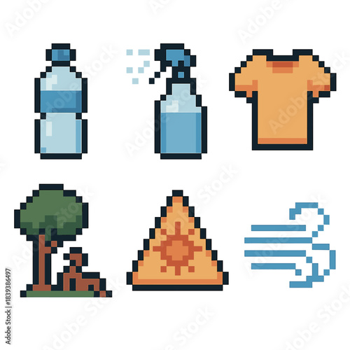 Heat Safety Icons. High-temperature actions pixel style set: hydration bottle, cooling mist, light clothing icon, rest spot, thermal warning, breezy vent.