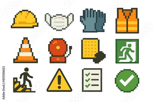 Safety Icon Set. Safety & Prevention Measures set of icons in flat pixel vector style: work helmet, mask icon, glove pair, reflective vest, warning cone, fire alarm, spill