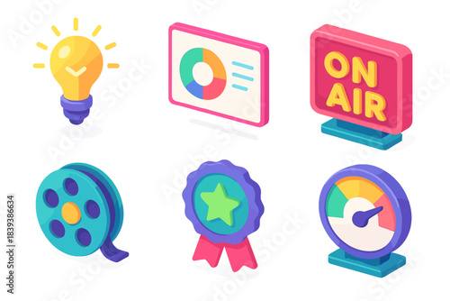 Creative Process Icons. Show Development Stages flat isometric set: concept spark icon, segment outline card, recording session lamp, post-production reel, release badge, listener