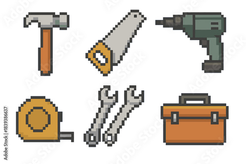 Construction Icon Set. Construction Tools & Equipment set of icons in flat pixel vector style: hammer, hand saw, power drill, measuring tape, wrench set, tool box.