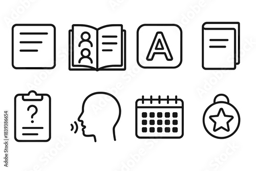 Language Study Icons. Language Practice Items linear set: vocabulary slip, sample dialogue page, phonics tile, reference booklet, study prompt, pronunciation guide icon, learning