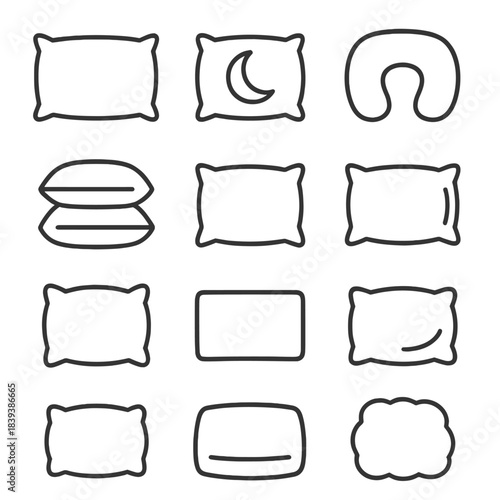 Bed Pillow Icons. Bed Pillow Icons linear set: classic rectangle pillow, smooth fabric surface, stitched edges, bedtime moon icon, headrest shape, soft loft symbol, layered filling