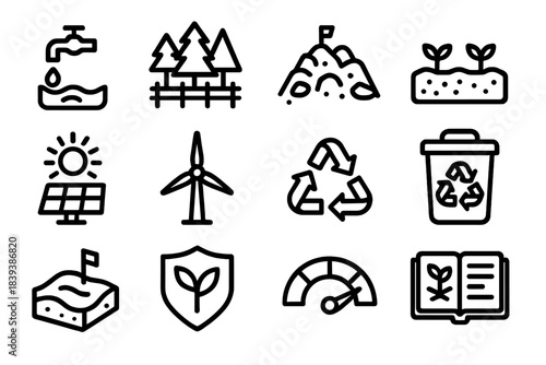 Sustainable Icon Set. Sustainable Use & Conservation linear set: clean water unit, managed woodland, regulated ore patch, enriched soil bed, sunlight capture tile, wind energy