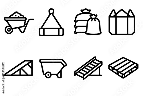 Construction Icons. Construction Material Handling linear set: gravel cart, lifting sling, sand bag stack, concrete tote, loading ramp, transfer bin, conveyor panel, skid pallet.