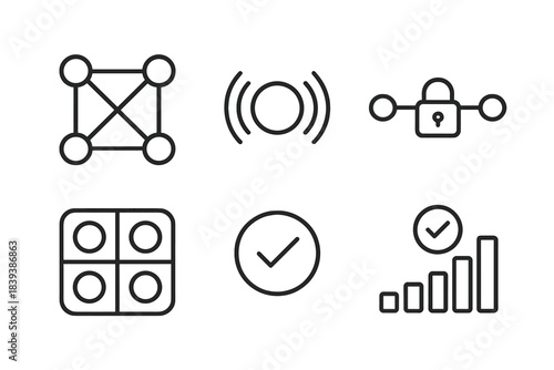 Quantum Network Icons. Distributed Qubit Networks linear set: multi-node entanglement web, quantum syncing pulse, state distribution line, secure channel lock, coherence tile,