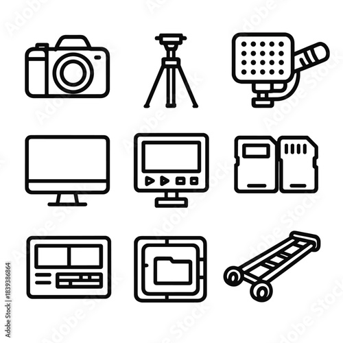 Digital Video Gear Icons. Digital video gear linear set: camera tile, tripod bar, LED panel, audio mic, monitor screen, editing suite, card storage, dolly rail.