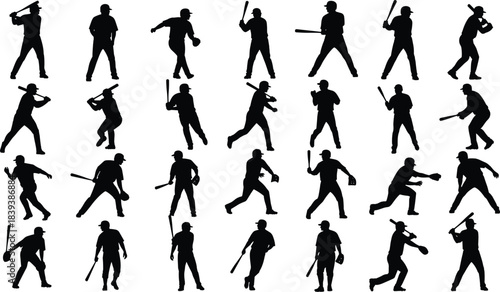 Baseball Player Silhouette Vector Set: Dynamic Action Poses for Pitching, Hitting, Running, and Fielding, Perfect for Sports Graphic Design, Logo, T-shirt Prints