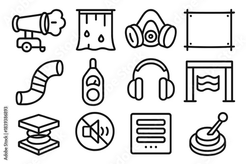 Noise Control Icons. Air & Sound Reduction Elements linear set: mist cannon, dust curtain, respirator mask, containment tarp, suction hose, decibel gauge, ear defenders, sound