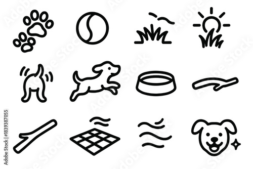 Playful Pet Icons. Outdoor Pet Fun linear set: running paw prints, toy ball, grassy path, sunlight beam, wagging tail, playful leap, water dish, fetch stick, outdoor blanket,