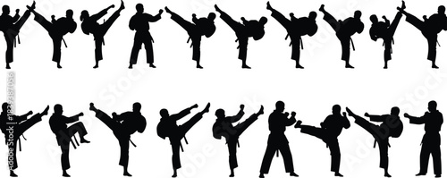 Black silhouette vector illustration set showing male martial artists performing various high-intensity side and front kicks, representing karate, self-defense, and combat sports training concepts