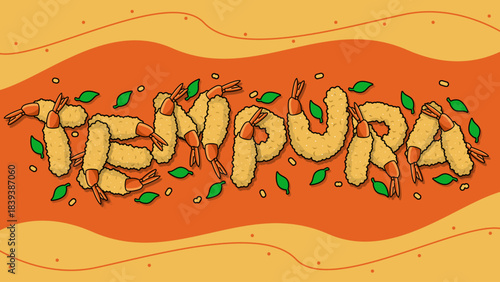 A stylized illustration of the word "TEMPURA" formed from tempura shrimp (ebi fry). Each letter is formed from a golden brown batter-fried shrimp, complete with its tail visible. National Tempura Day,