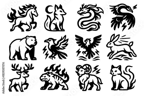 Mythic Beast Icons. Mythic Champion Beasts linear set: blazing horse, moonlit fox, sky serpent, guardian bear, storm-winged bird, river tiger, forest stag, ember lizard, cloud wolf