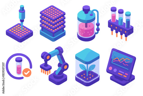 Biofoundry Icon Set. Next-gen biofoundry systems flat isometric set: automated pipette tile, microplate array, bioreactor node, reagent dispenser bar, sample tracker icon, robotic