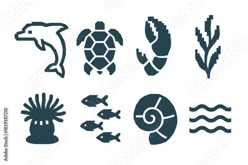 Marine Pixel Icons. Marine Creature Set set of icons in flat pixel vector style: dolphin outline, sea turtle shell, crab claw, kelp strand, anemone bloom, tiny fish school, mollusk