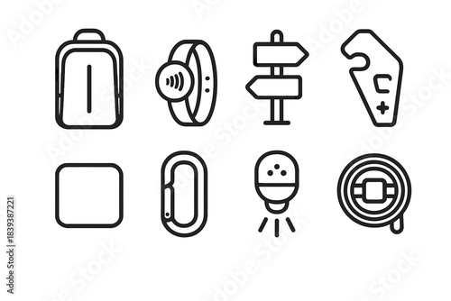 Commuter Gear Icons. Commuter Mobility Items linear set: slim backpack, transit wristband, route indicator, multi-tool wedge, reflective patch, secure clip, light beacon, cable
