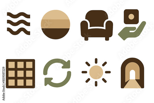 Brutalist Space Design Icons. Holistic Space Design Set silhouette set: spatial rhythm lines, gentle tones palette, comfort seat, mindful placement icon, cohesion grid, renewal