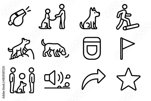 Outdoor Training Icons. Adventure Training Outdoors linear set: recall whistle, long-line training, focus sit, balanced step over log, confidence climb stone, controlled sniff cue,