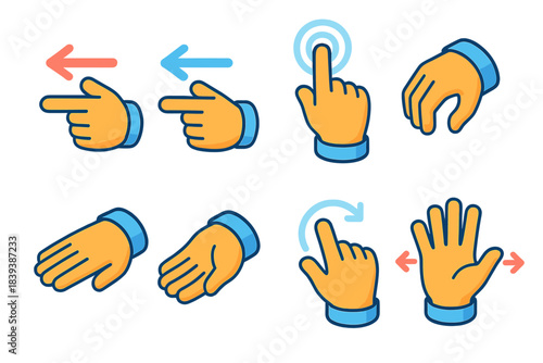 Isometric Gesture Icons. Hand motion icons isometric flat set: swipe left, swipe right, tap gesture, grab motion, push hand, pull hand, rotate gesture, stretch fingers.