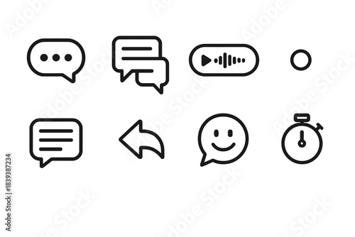 Online Chat Icon Set. Online Conversation Dynamics linear set: typing indicator, message thread, voice note icon, status dot, topic card, reply arrow, sentiment bubble,
