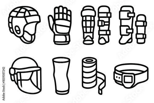 Protective Gear Icons. Safe Play Gear Collection linear set: padded helmet, reinforced gloves, leg guards, arm pads, safety visor, compression brace, grip tape, protective belt.