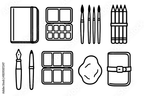 Travel Art Supplies. Travel Art Essentials linear set: slim sketch journal, pocket paint tin, mini brush set, colored pencil bundle, refillable ink pen, fold-out palette tile,