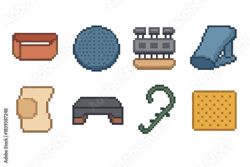 Rehab Tools Icons. Recovery Assistance Tools set of icons in flat pixel vector style: therapy loop band, wobble disc, finger exerciser, calf stretcher, joint sleeve, rehab step,