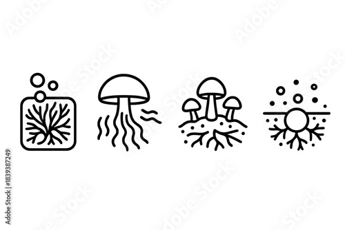 Mycoremediation Icon Set. Mycoremediation Processes linear set: pollutant-binding mycelium pad, degradation enzyme plume, soil-cleanse node.