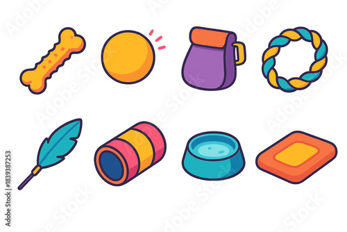 Pet Playtime Icons. Pet Playtime Essentials isometric flat set: chew toy, squeaky ball, treat pouch, tug rope, feather teaser, play tunnel, water bowl, comfy mat.
