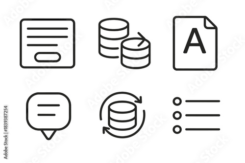 Database Icon Set. Term Database Elements linear set: entry panel, cross-reference arrow, glossary page, context tag, update icon, sorted list.