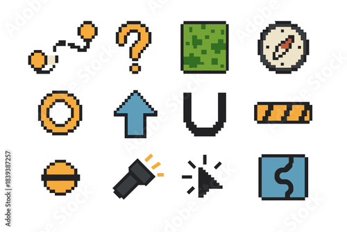 Exploration Icon Set. Exploration Concepts Set pixel style set: guided route line, curiosity icon, terrain patch, compass guide, discovery ring, waypoint arrow, open-path marker,