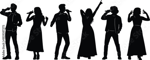 Set of black silhouette icon illustrations of men and women singing, performing, and dancing on stage 