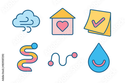 Supportive Wellbeing Icons. Supportive Wellbeing Practices isometric flat set: breathing cloud, safe space sign, gentle reminder note, coping pathway, connection thread, relief