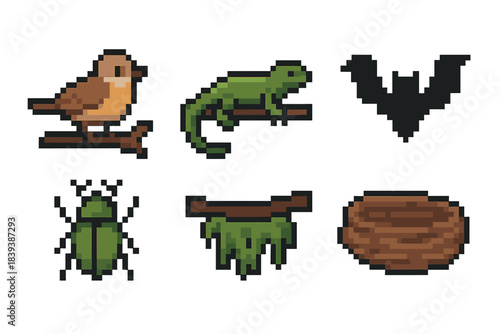 Tree Icons Set. Tree-Dwelling Creatures set of icons in flat pixel vector style: small bird, tree lizard, bat silhouette, beetle icon, mossy branch, twig nest.