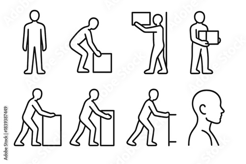 Ergonomic Safety Icons. Body-safe work practices linear set: upright posture, stable base, controlled lift, ergonomic reach, supported carry, proper push path, safe pull stance,