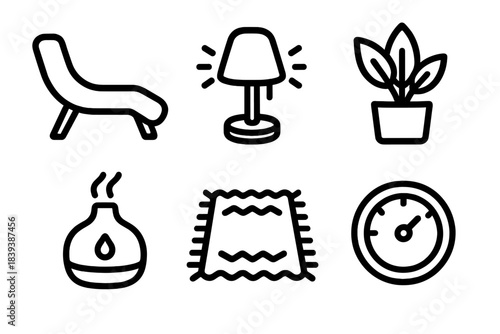 Home Wellness Icons. Home Wellness Spaces linear set: relaxation chair, soft glow lamp, indoor plant, essential oil diffuser, cozy rug, wellness gauge.
