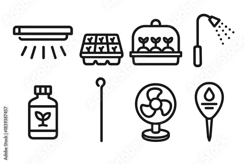 Greenhouse Icon Set. Indoor greenhouse accessories linear set: grow light bar, seedling tray, humidity dome, irrigation wand, nutrient bottle, plant stake, airflow fan, moisture