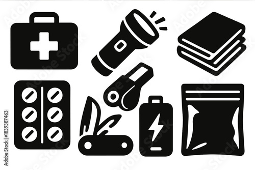 Emergency Kit Icons. Emergency Kit Essentials silhouette set: bandage kit, handheld light, distress whistle, insulated blanket, clean-water tabs, foldable knife tool, backup