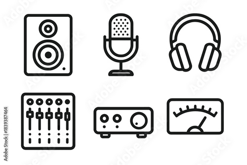 Studio Audio Gear Icons. Audio Equipment linear set: studio monitor, microphone, headphones, mixer console, audio interface, sound level gauge.
