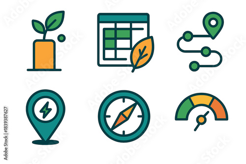 Sustainable Tool Icons. Sustainable Roadmapping Tools flat set: milestone leaf icon, resource audit tile, improvement pathway, eco-efficiency marker, long-view compass, outcome