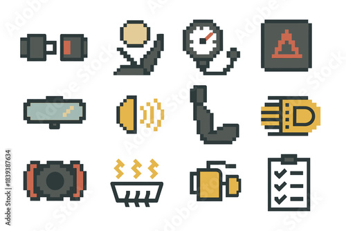 Vehicle Safety Icons. Vehicle Safety Basics pixel style set: seatbelt buckle, airbag icon, tire pressure gauge, hazard switch, rearview mirror, blind-spot indicator, child seat,