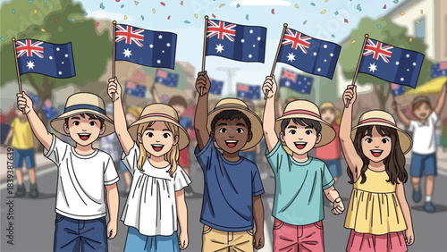 Children Celebrating Australia Day with Flags in a Vibrant Street Parade