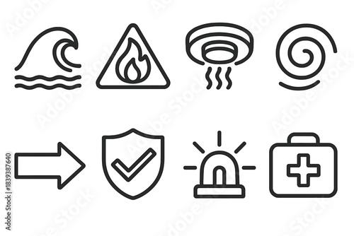 Disaster Safety Icons. Disaster safety elements linear set: water surge icon, fire hazard sign, smoke detector symbol, storm wind swirl, evacuation arrow, safe zone badge, warning