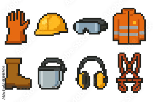 Utility Safety Gear Icons. Utility safety gear set set of icons in flat pixel vector style: insulated gloves, hard hat, safety goggles, flame-resistant jacket, insulated boots,