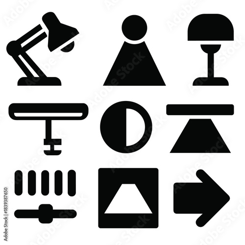 Brutalist Desk Lighting Icons. Angling Essentials flat set: telescopic rod, reel spool, soft bait pouch, hard lure set, leader line, bobber duo, hook kit, landing net.